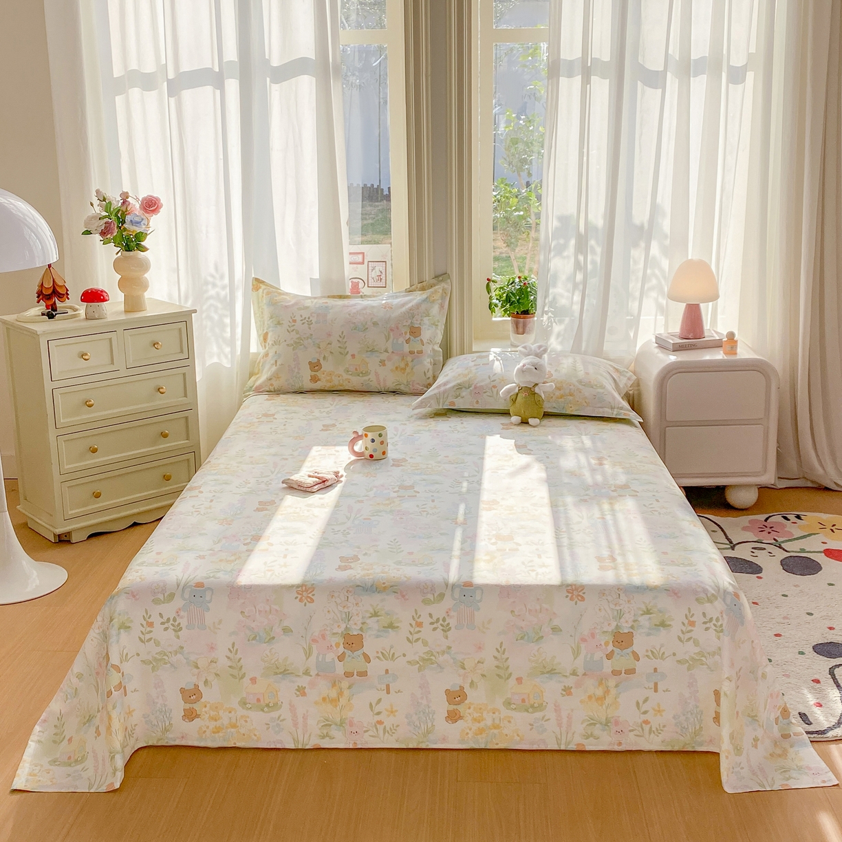 91家纺网 家纺一手货源 找家纺 花梦欣 2026新款全棉印花单品系列3简约卡通款-单床单 春游手记