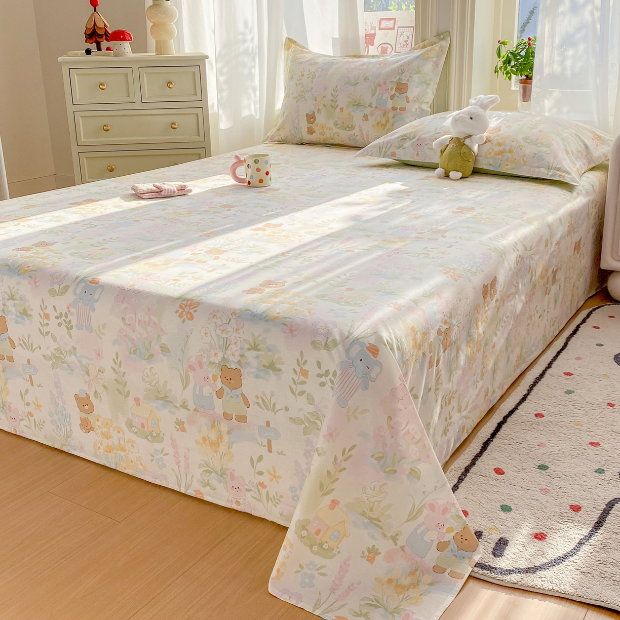 91家纺网 家纺一手货源 找家纺 花梦欣 2026新款全棉印花单品系列3简约卡通款-单床单 春游手记