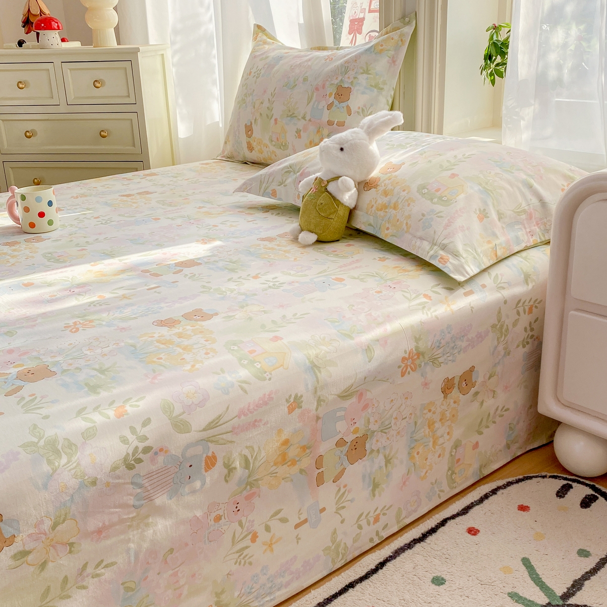 91家纺网 家纺一手货源 找家纺 花梦欣 2026新款全棉印花单品系列3简约卡通款-单床单 春游手记