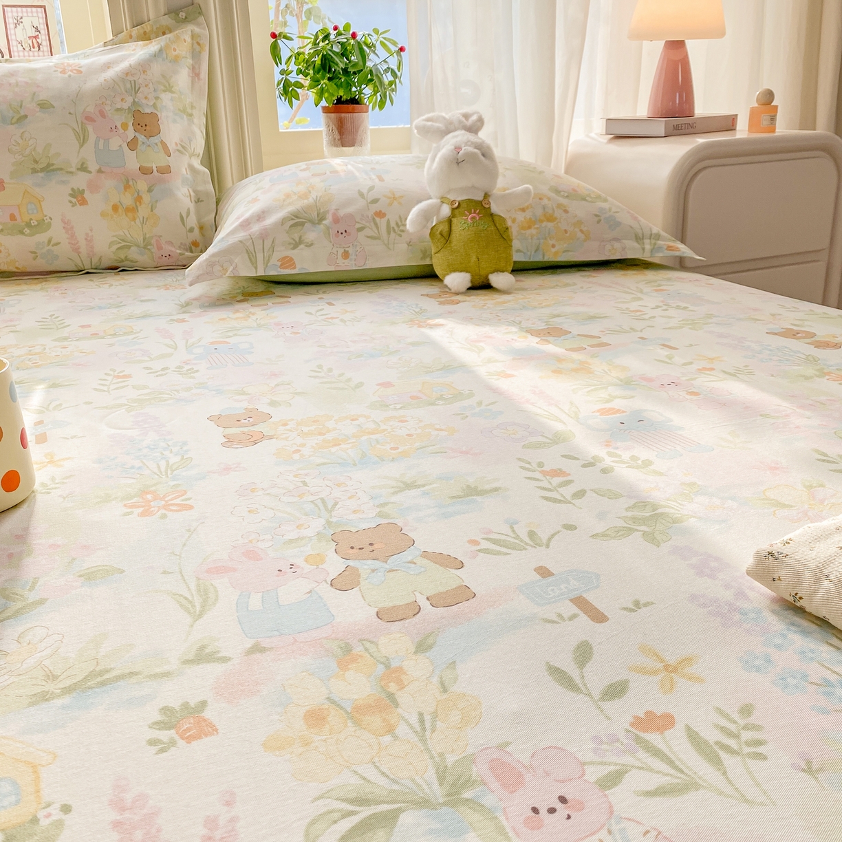 91家纺网 家纺一手货源 找家纺 花梦欣 2026新款全棉印花单品系列3简约卡通款-单床单 春游手记