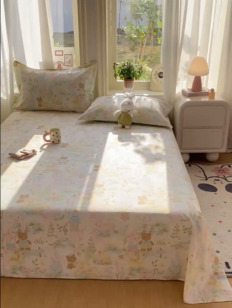 91家纺网 家纺一手货源 找家纺 花梦欣 2026新款全棉印花单品系列3简约卡通款-单床单 春游手记