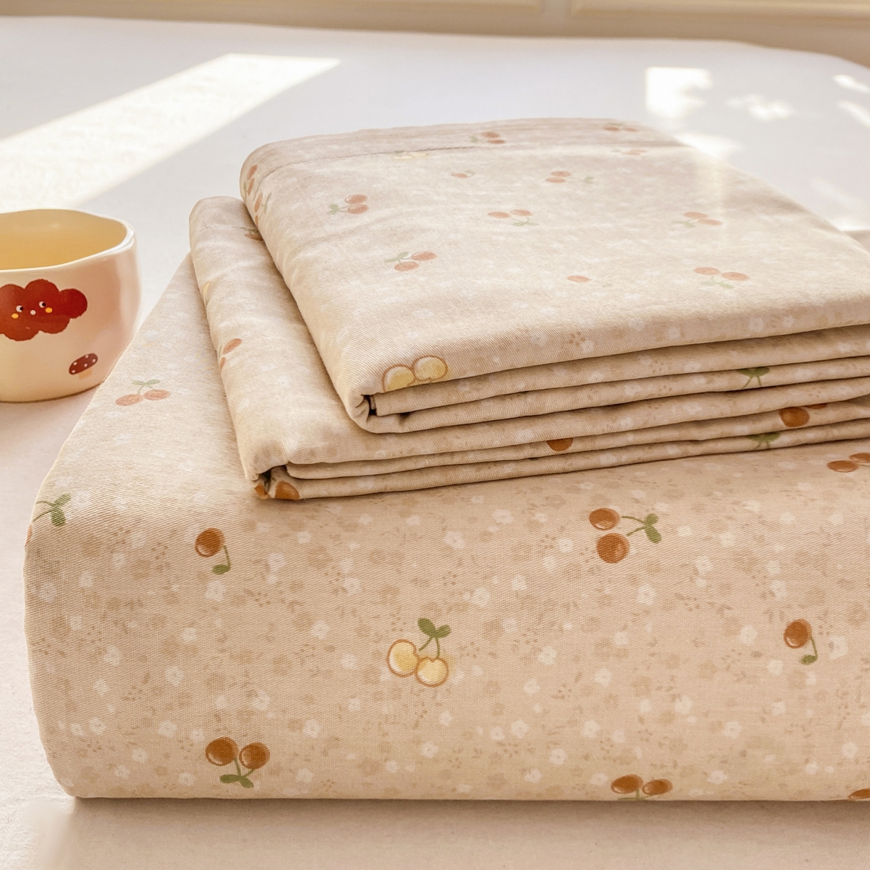 91家纺网 家纺一手货源 找家纺 花梦欣 2026新款全棉印花单品系列3简约卡通款-单床单 刺绣潮声咖