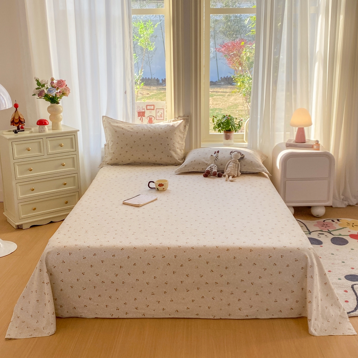 91家纺网 家纺一手货源 找家纺 花梦欣 2026新款全棉印花单品系列3简约卡通款-单床单 刺绣潮声咖