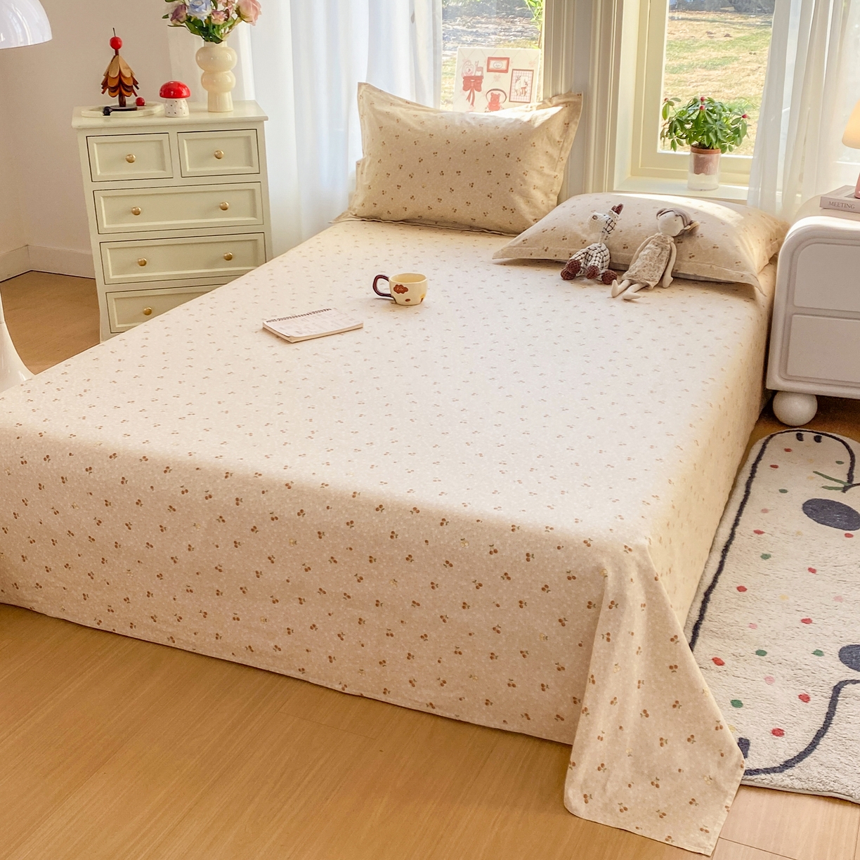 91家纺网 家纺一手货源 找家纺 花梦欣 2026新款全棉印花单品系列3简约卡通款-单床单 刺绣潮声咖