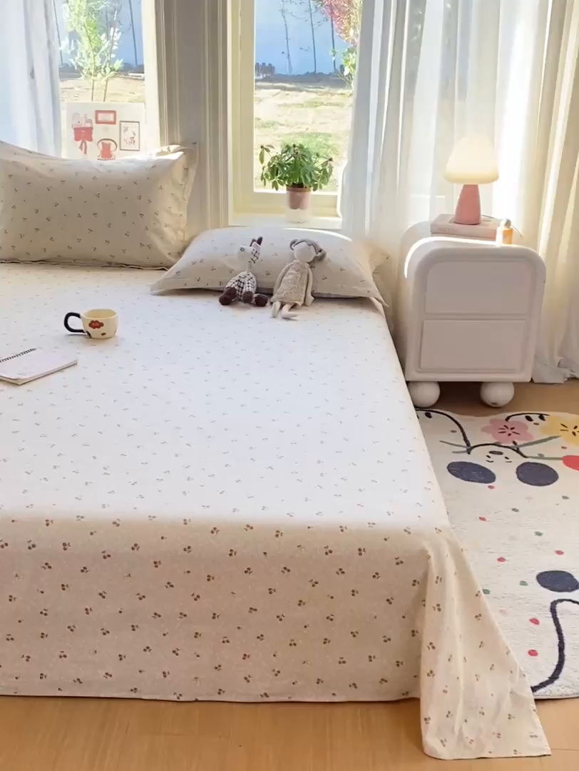 91家纺网 家纺一手货源 找家纺 花梦欣 2026新款全棉印花单品系列3简约卡通款-单床单 刺绣潮声咖