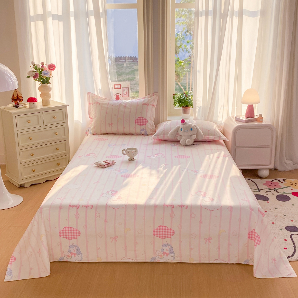 91家纺网 家纺一手货源 找家纺 花梦欣 2026新款全棉印花单品系列3简约卡通款-单床单 粉色独角兽