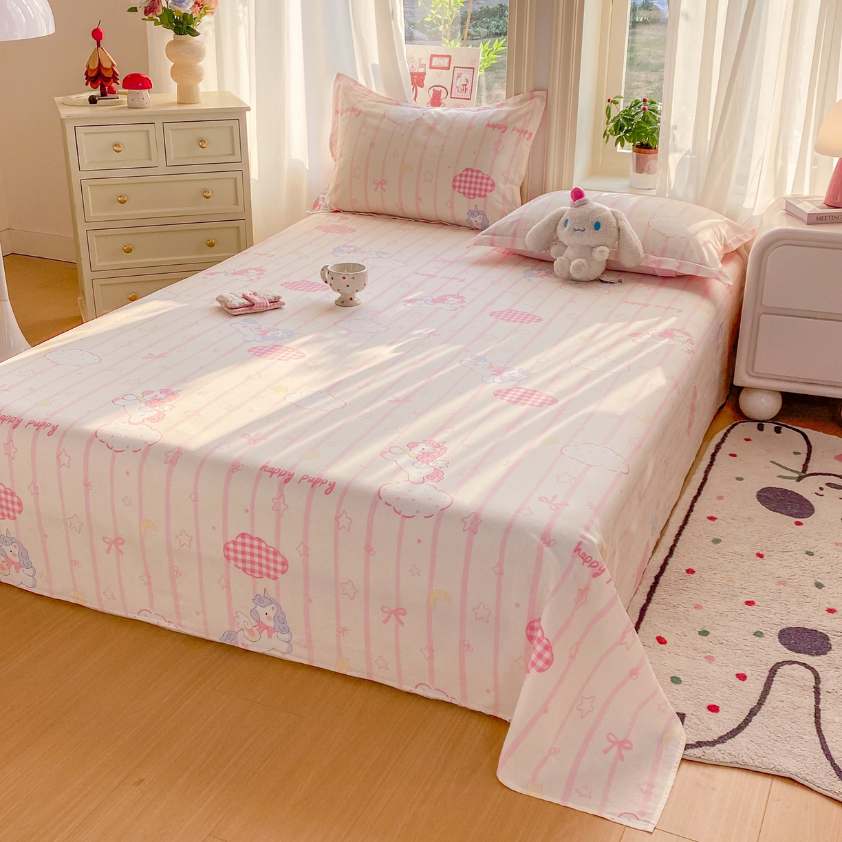 91家纺网 家纺一手货源 找家纺 花梦欣 2026新款全棉印花单品系列3简约卡通款-单床单 粉色独角兽