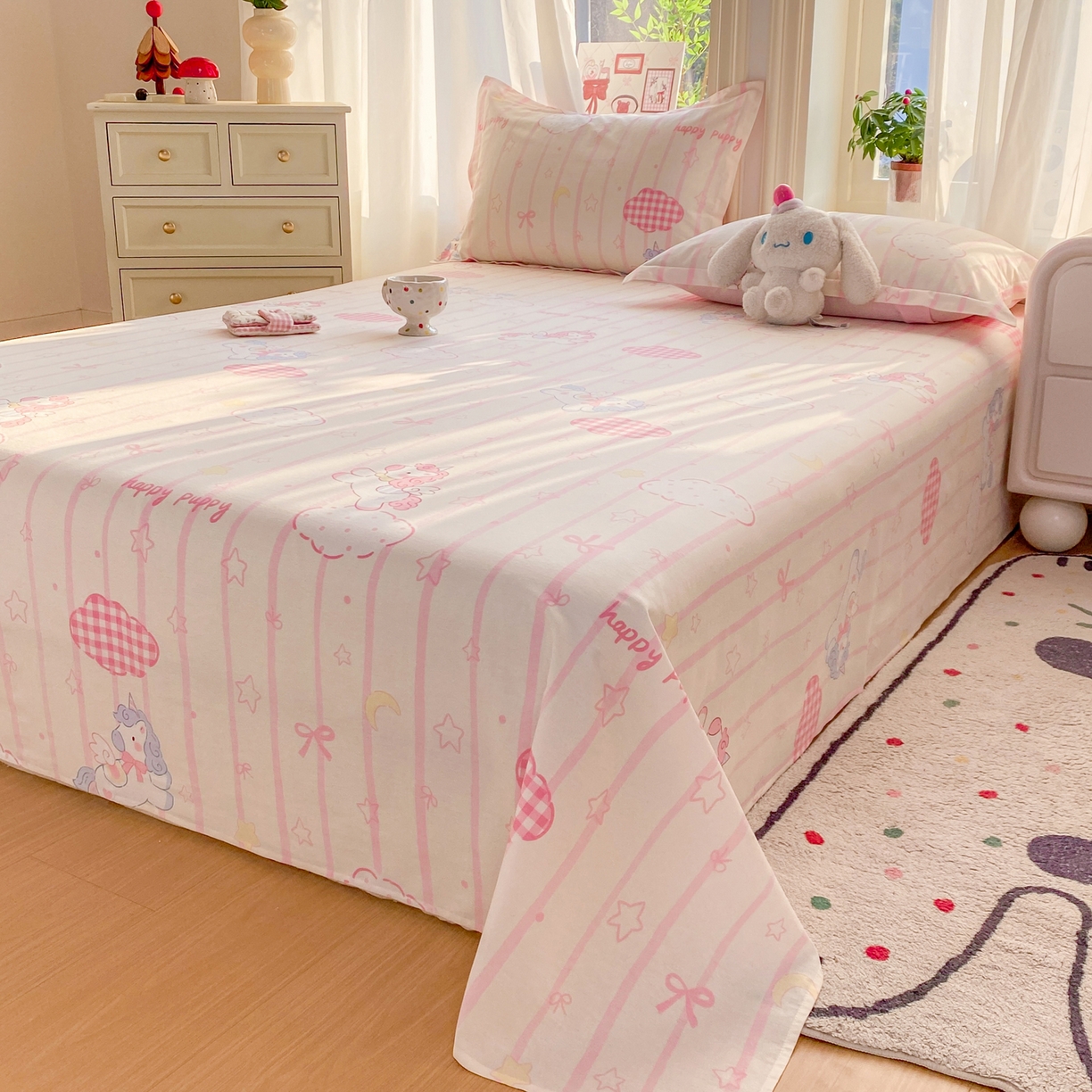 91家纺网 家纺一手货源 找家纺 花梦欣 2026新款全棉印花单品系列3简约卡通款-单床单 粉色独角兽