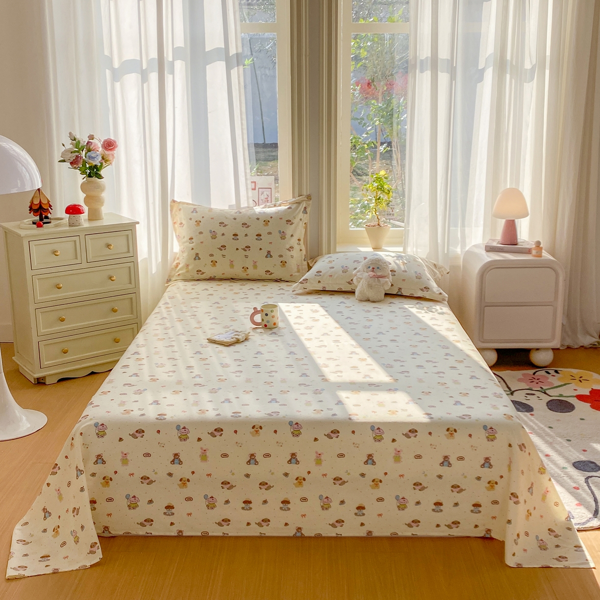 91家纺网 家纺一手货源 找家纺 花梦欣 2026新款全棉印花单品系列3简约卡通款-单床单 韩系小萌物
