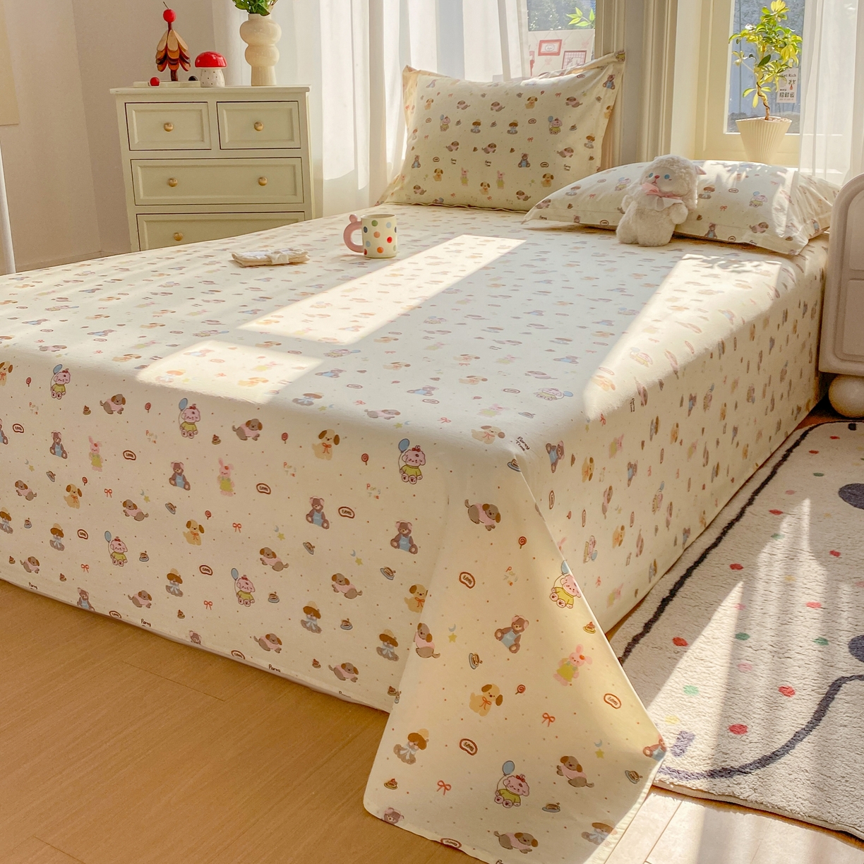 91家纺网 家纺一手货源 找家纺 花梦欣 2026新款全棉印花单品系列3简约卡通款-单床单 韩系小萌物