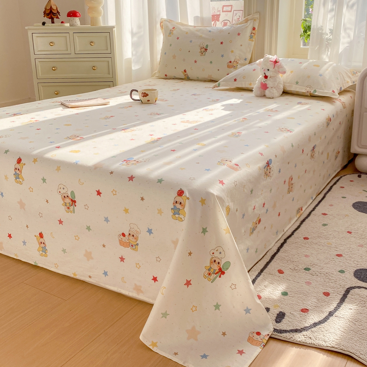 91家纺网 家纺一手货源 找家纺 花梦欣 2026新款全棉印花单品系列3简约卡通款-单床单 快乐小星