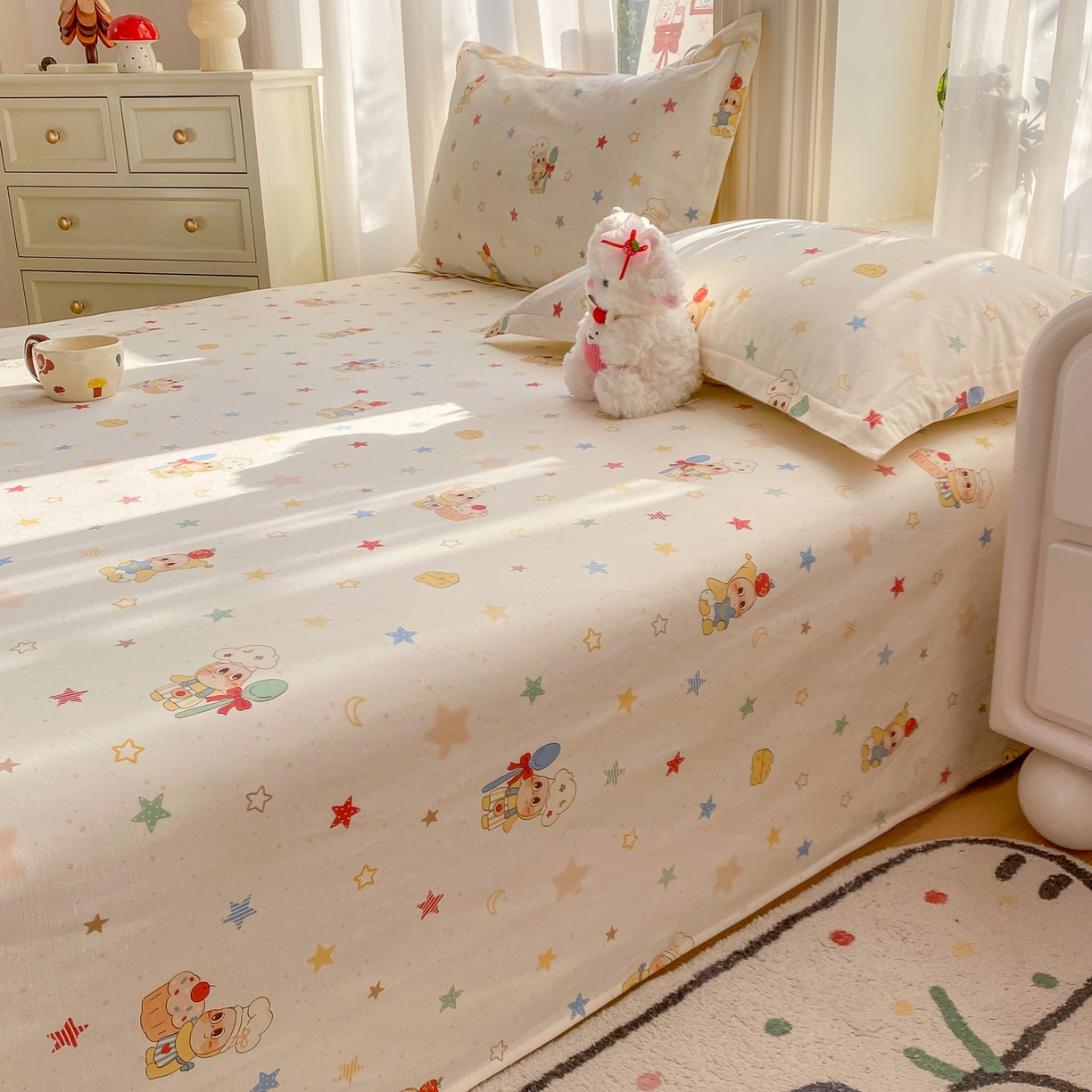 91家纺网 家纺一手货源 找家纺 花梦欣 2026新款全棉印花单品系列3简约卡通款-单床单 快乐小星