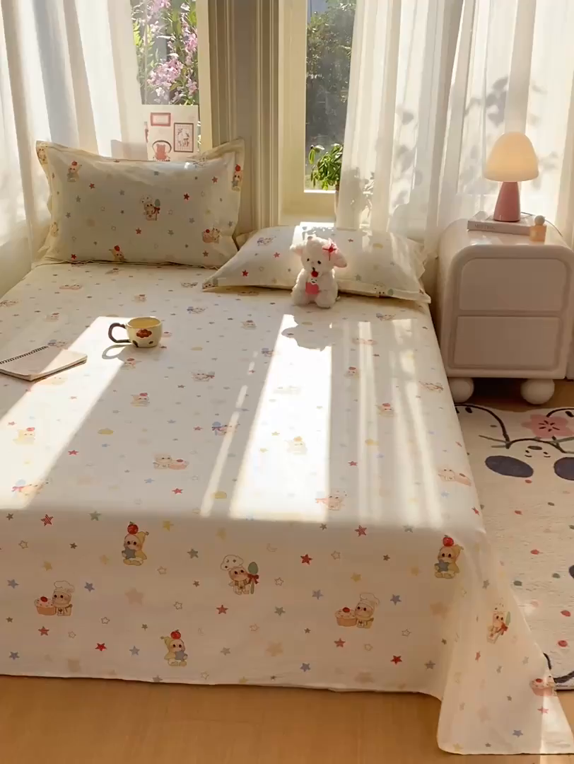 91家纺网 家纺一手货源 找家纺 花梦欣 2026新款全棉印花单品系列3简约卡通款-单床单 快乐小星