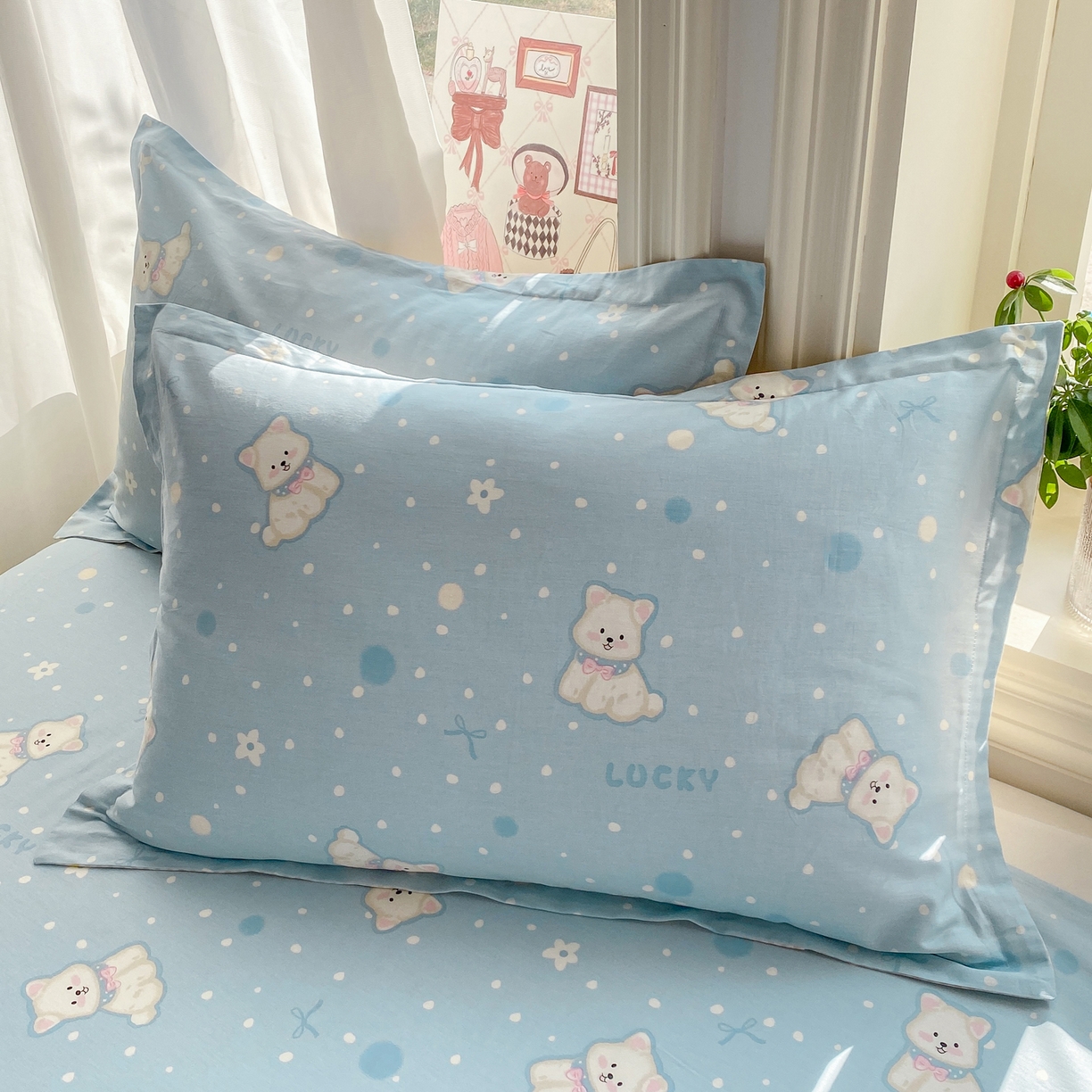 91家纺网 家纺一手货源 找家纺 花梦欣 2026新款全棉印花单品系列3简约卡通款-单床单 蓝色泡芙狗