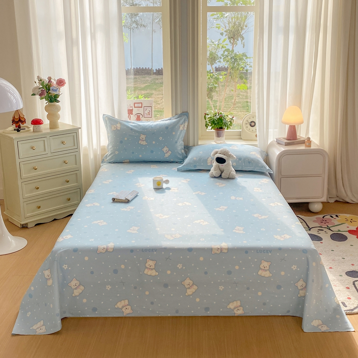 91家纺网 家纺一手货源 找家纺 花梦欣 2026新款全棉印花单品系列3简约卡通款-单床单 蓝色泡芙狗