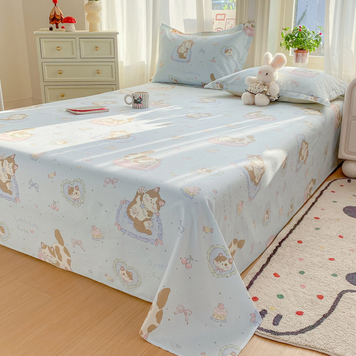 91家纺网 家纺一手货源 找家纺 花梦欣 2026新款全棉印花单品系列3简约卡通款-单床单 狸花小姐兰