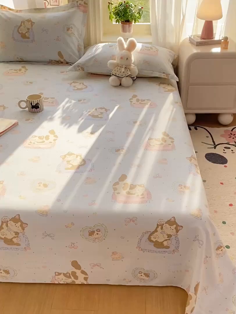 91家纺网 家纺一手货源 找家纺 花梦欣 2026新款全棉印花单品系列3简约卡通款-单床单 狸花小姐兰