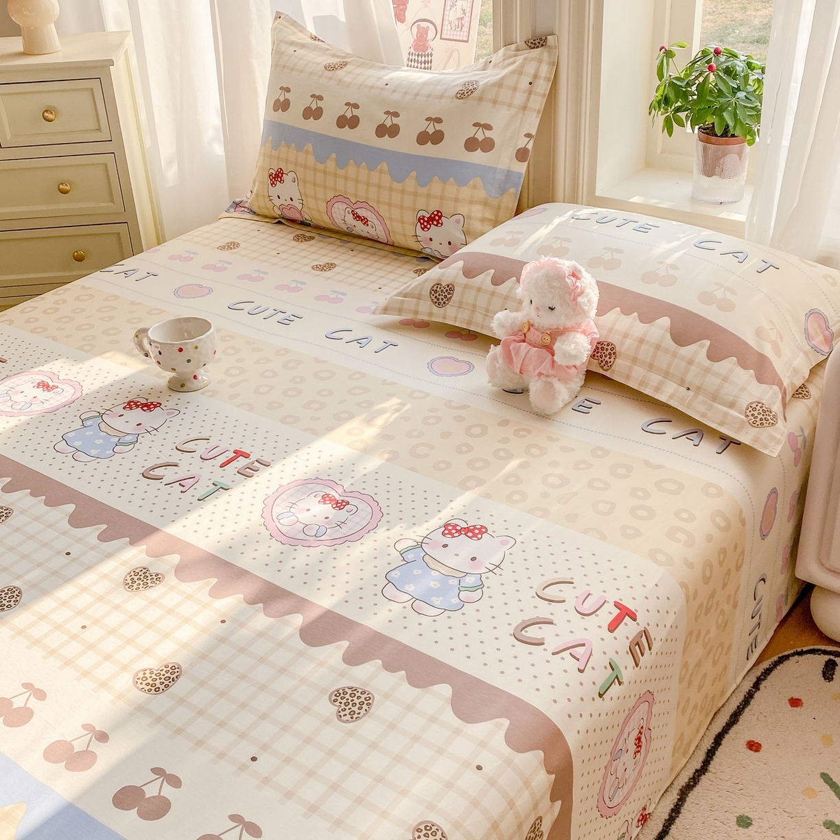 91家纺网 家纺一手货源 找家纺 花梦欣 2026新款全棉印花单品系列3简约卡通款-单床单 萌萌凯蒂