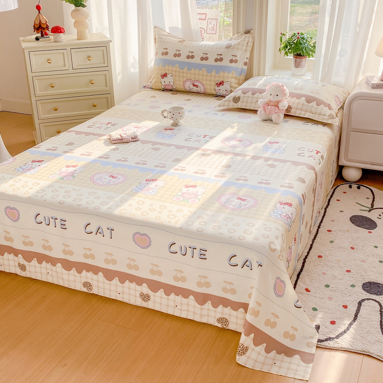 91家纺网 家纺一手货源 找家纺 花梦欣 2026新款全棉印花单品系列3简约卡通款-单床单 萌萌凯蒂