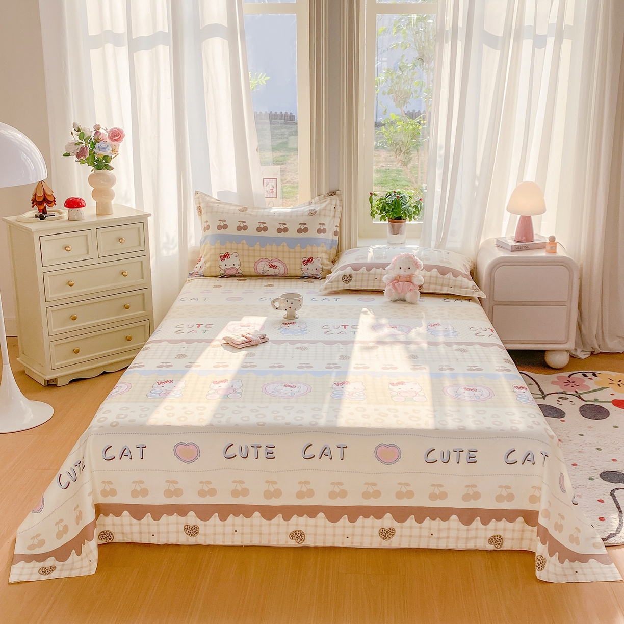 91家纺网 家纺一手货源 找家纺 花梦欣 2026新款全棉印花单品系列3简约卡通款-单床单 萌萌凯蒂