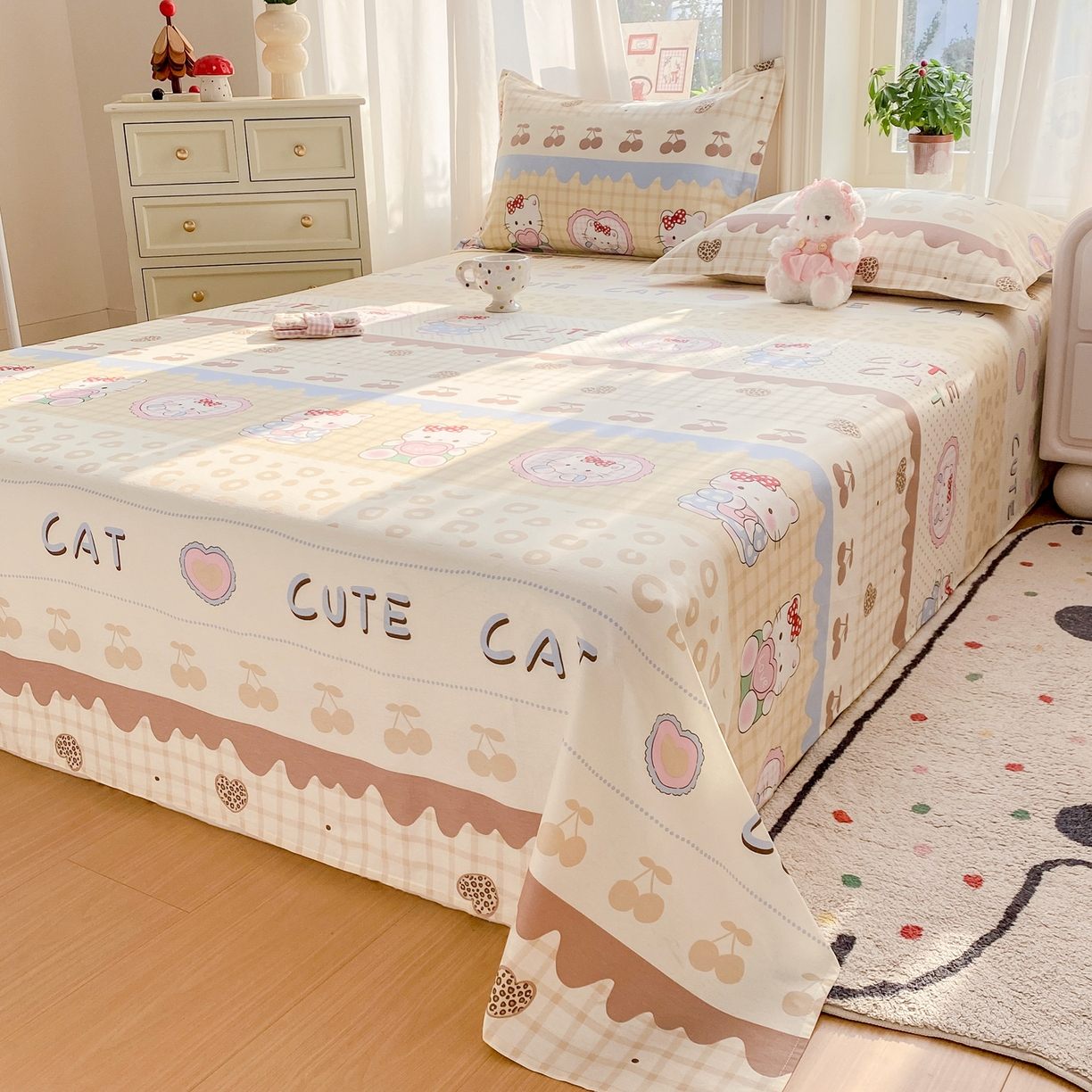 91家纺网 家纺一手货源 找家纺 花梦欣 2026新款全棉印花单品系列3简约卡通款-单床单 萌萌凯蒂