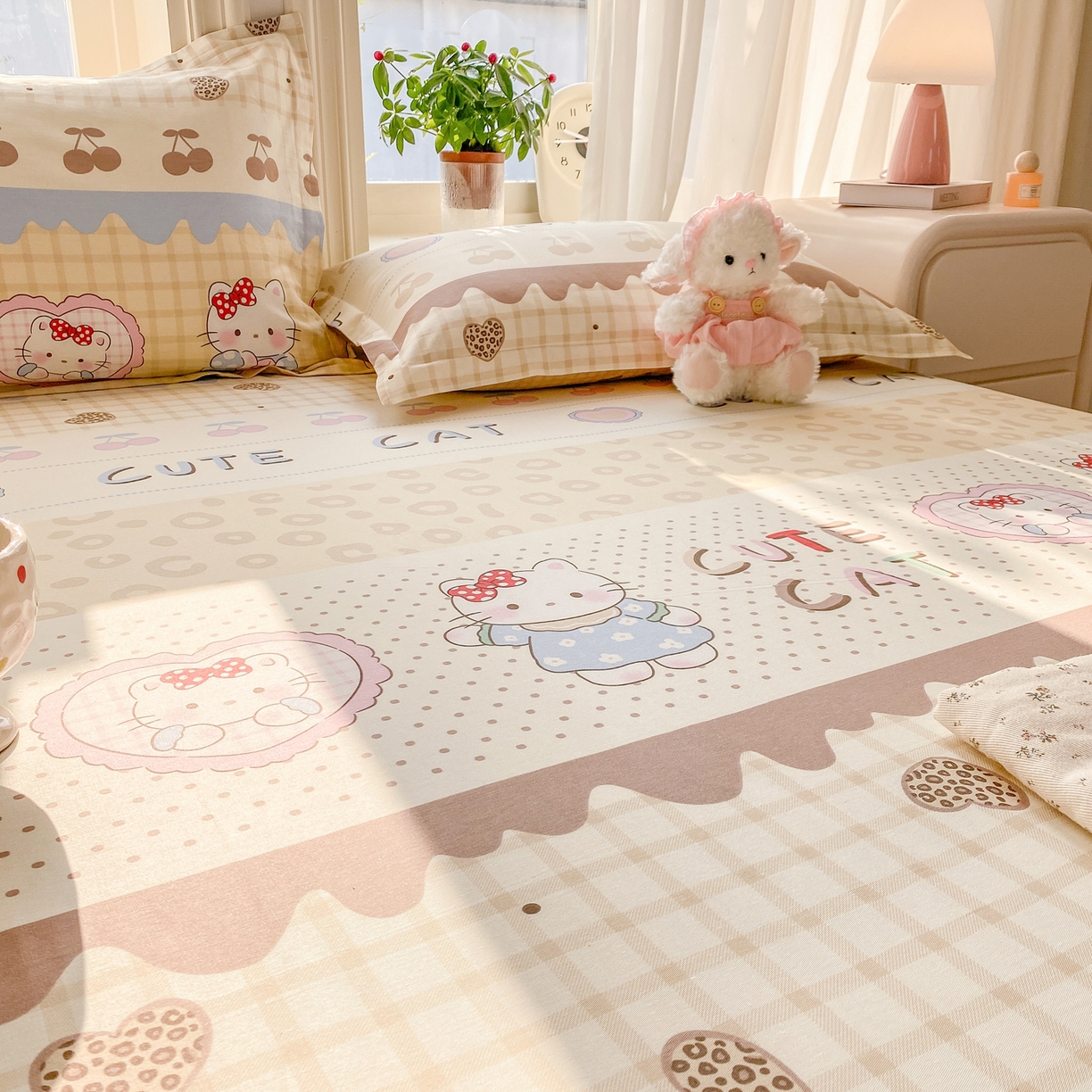 91家纺网 家纺一手货源 找家纺 花梦欣 2026新款全棉印花单品系列3简约卡通款-单床单 萌萌凯蒂