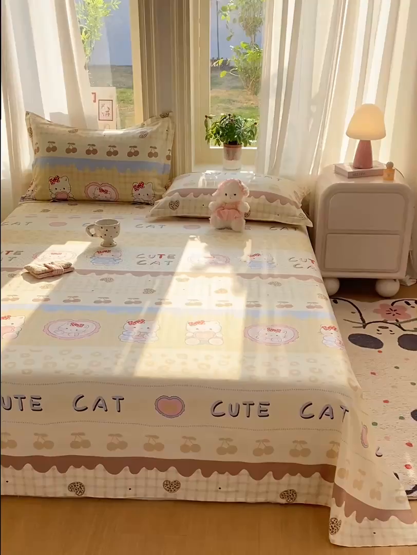 91家纺网 家纺一手货源 找家纺 花梦欣 2026新款全棉印花单品系列3简约卡通款-单床单 萌萌凯蒂