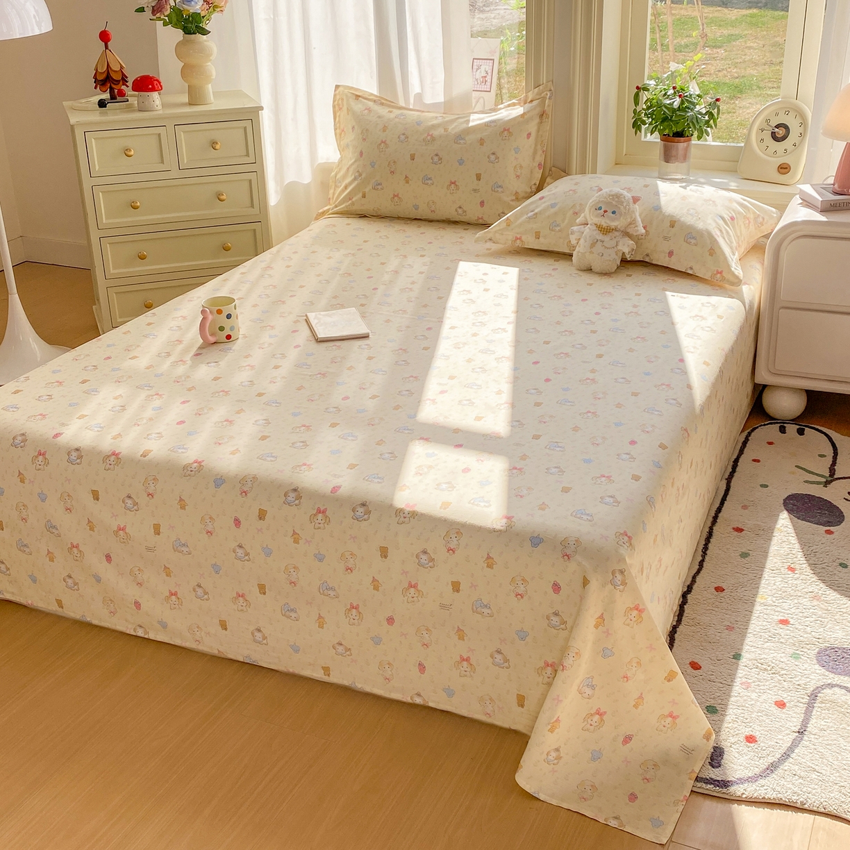 91家纺网 家纺一手货源 找家纺 花梦欣 2026新款全棉印花单品系列3简约卡通款-单床单 萌趣汪汪