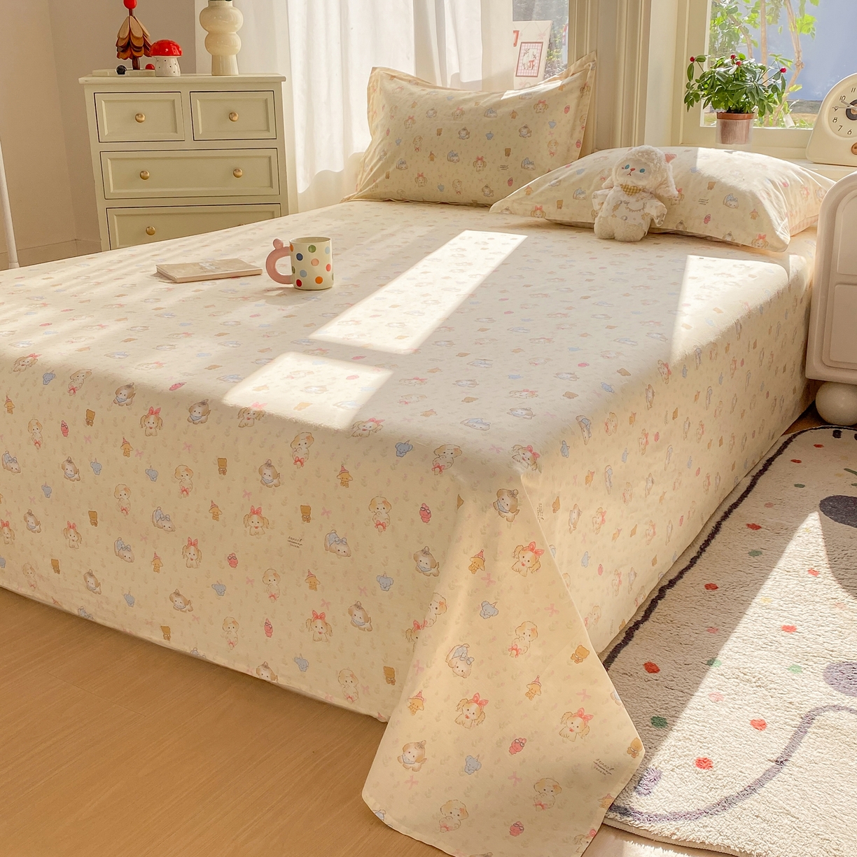 91家纺网 家纺一手货源 找家纺 花梦欣 2026新款全棉印花单品系列3简约卡通款-单床单 萌趣汪汪