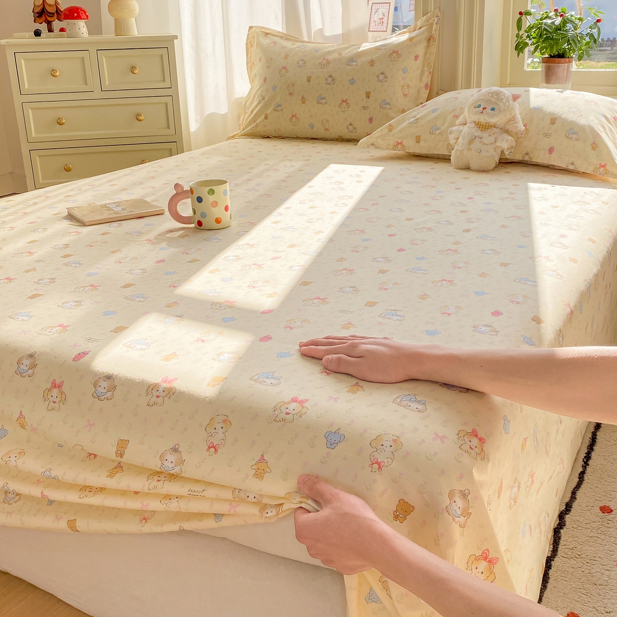 91家纺网 家纺一手货源 找家纺 花梦欣 2026新款全棉印花单品系列3简约卡通款-单床单 萌趣汪汪