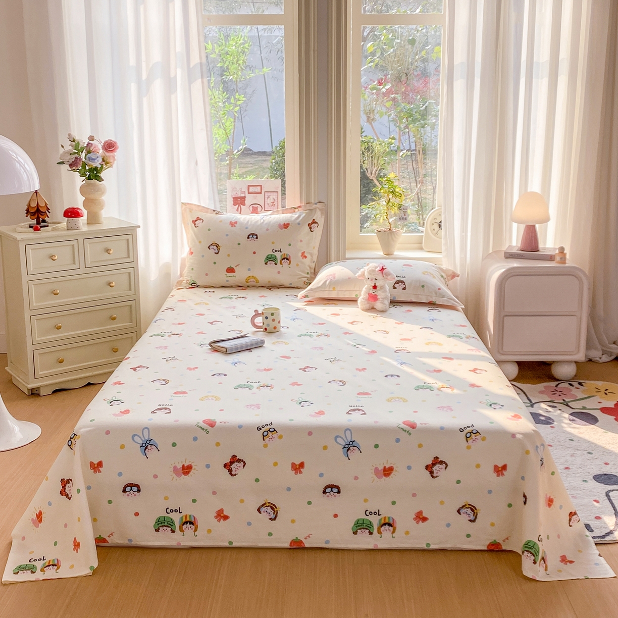 91家纺网 家纺一手货源 找家纺 花梦欣 2026新款全棉印花单品系列3简约卡通款-单床单 趣味涂鸦