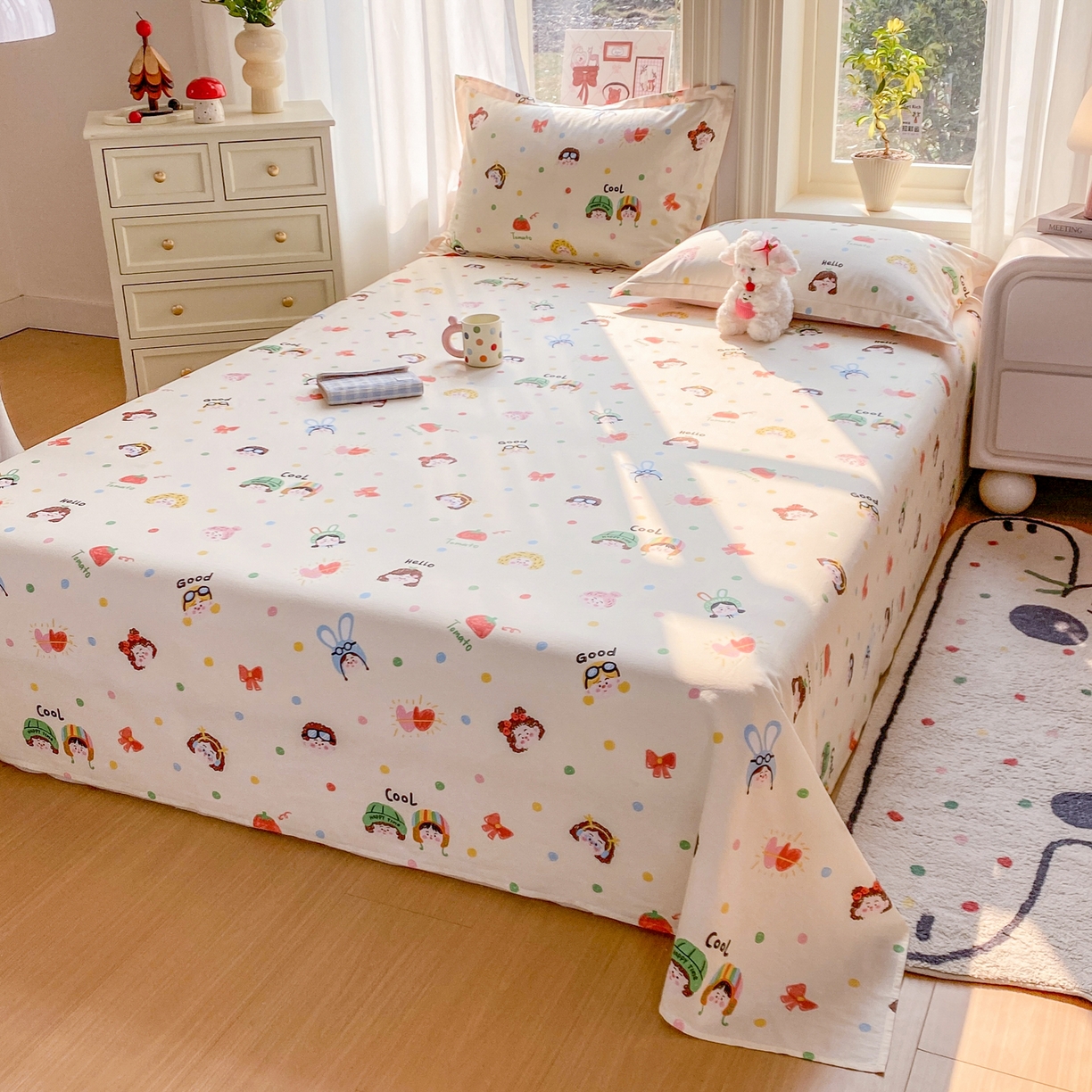 91家纺网 家纺一手货源 找家纺 花梦欣 2026新款全棉印花单品系列3简约卡通款-单床单 趣味涂鸦