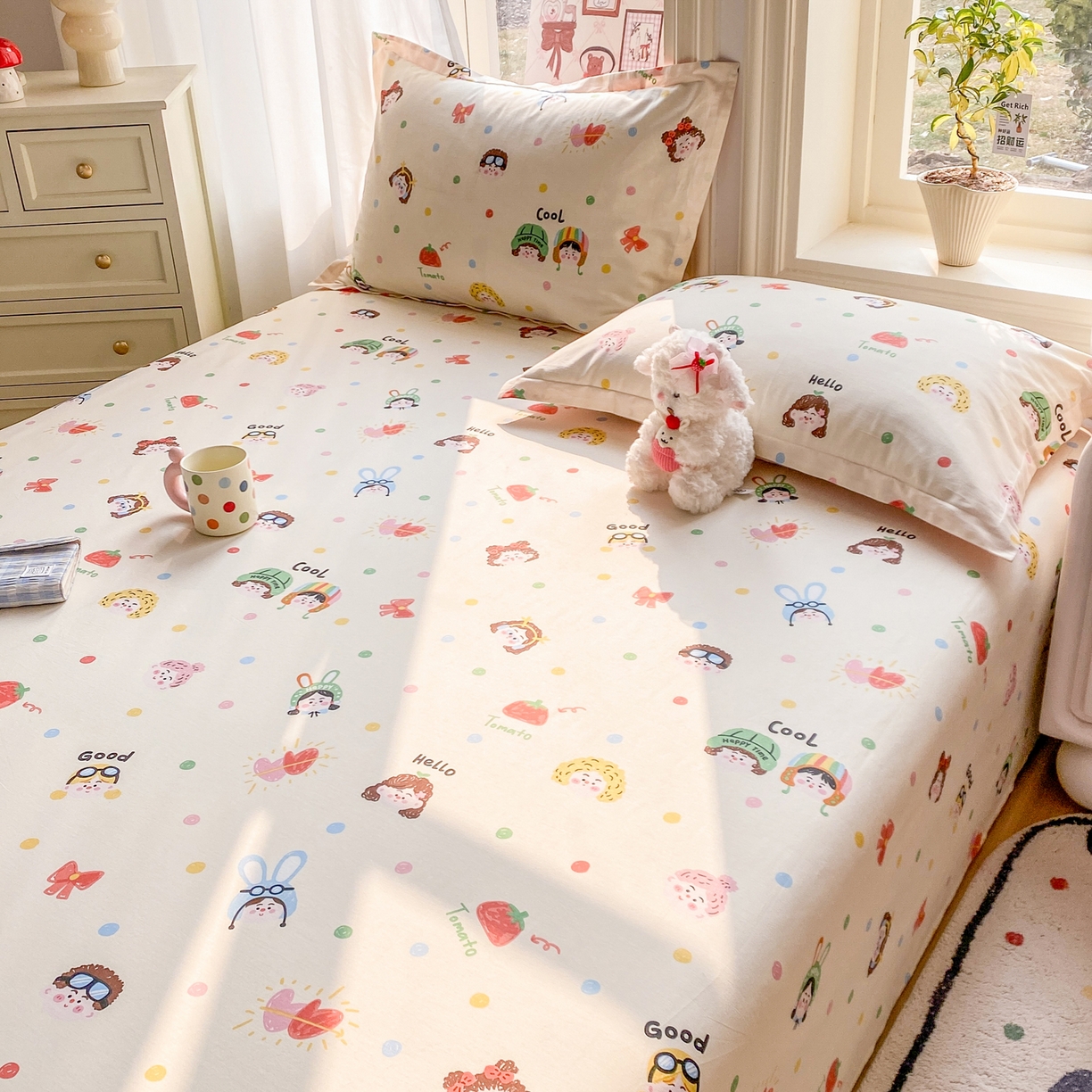 91家纺网 家纺一手货源 找家纺 花梦欣 2026新款全棉印花单品系列3简约卡通款-单床单 趣味涂鸦