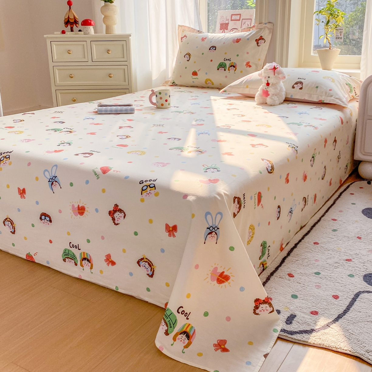 91家纺网 家纺一手货源 找家纺 花梦欣 2026新款全棉印花单品系列3简约卡通款-单床单 趣味涂鸦