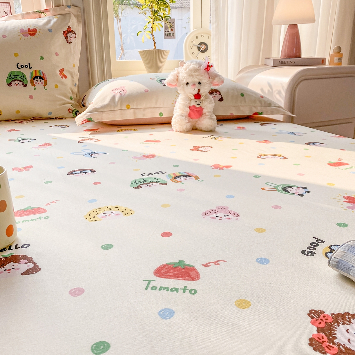 91家纺网 家纺一手货源 找家纺 花梦欣 2026新款全棉印花单品系列3简约卡通款-单床单 趣味涂鸦