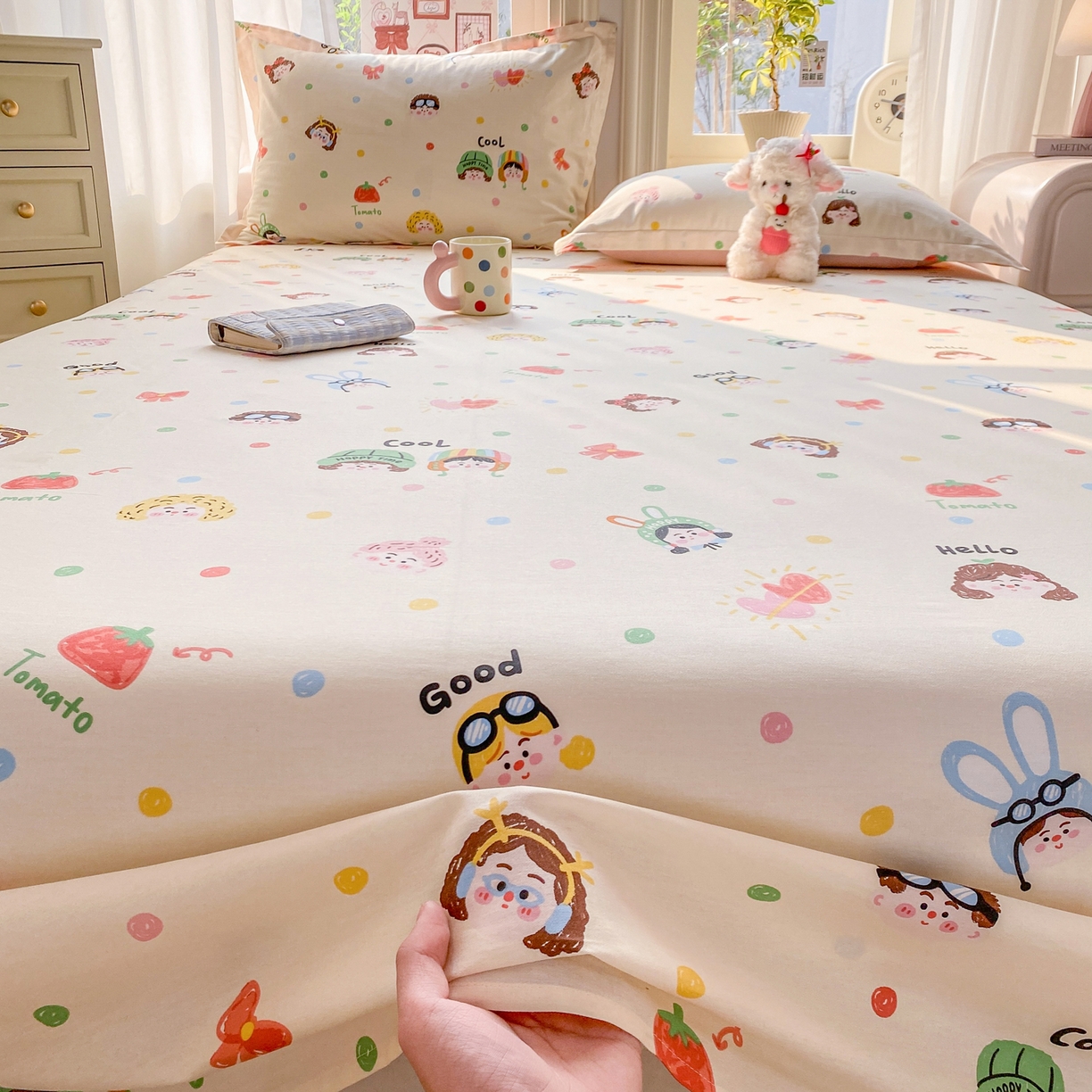 91家纺网 家纺一手货源 找家纺 花梦欣 2026新款全棉印花单品系列3简约卡通款-单床单 趣味涂鸦