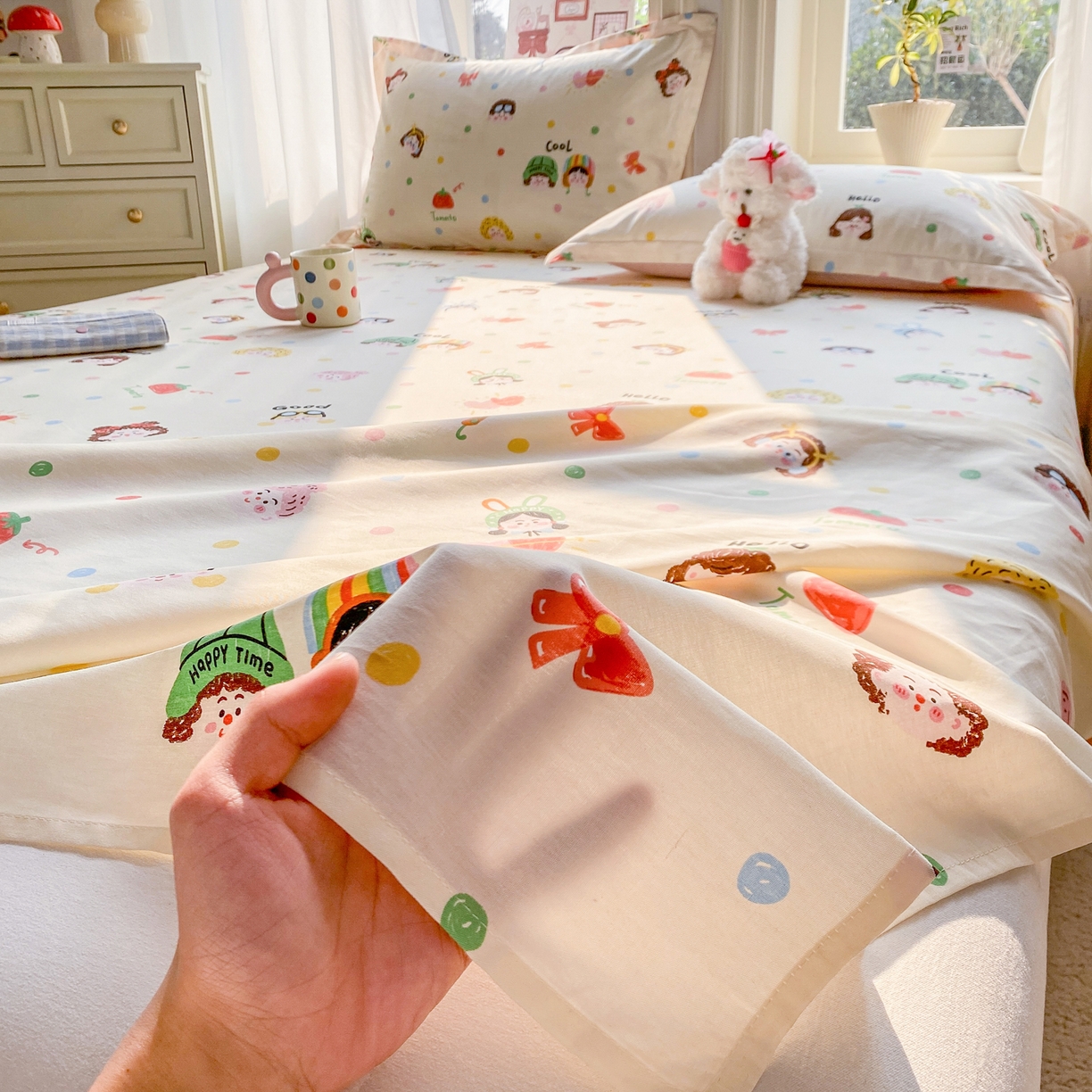 91家纺网 家纺一手货源 找家纺 花梦欣 2026新款全棉印花单品系列3简约卡通款-单床单 趣味涂鸦