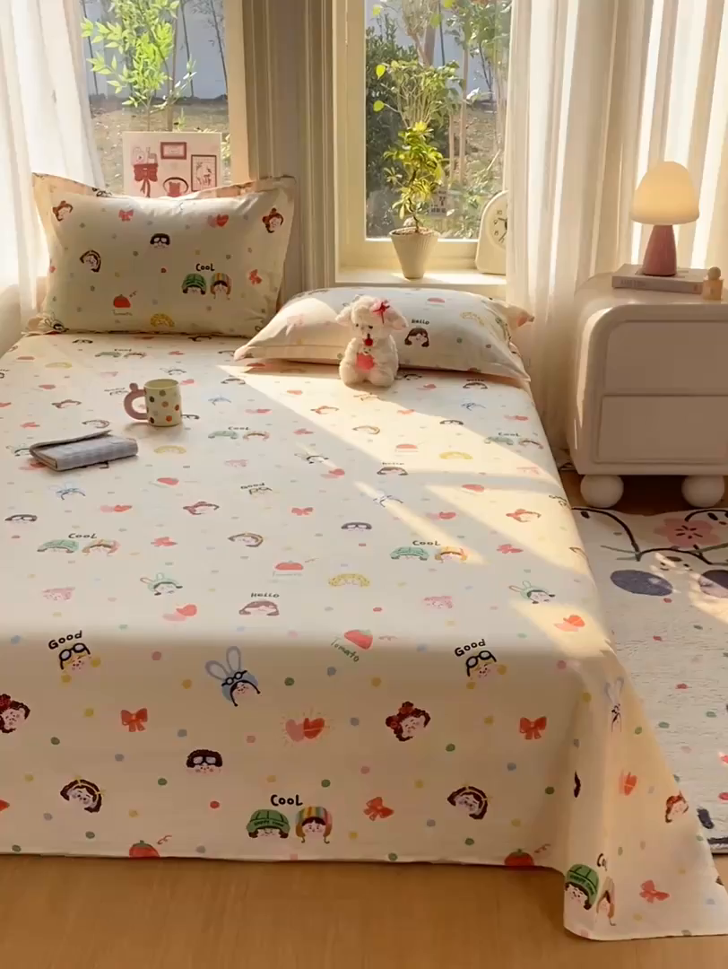 91家纺网 家纺一手货源 找家纺 花梦欣 2026新款全棉印花单品系列3简约卡通款-单床单 趣味涂鸦