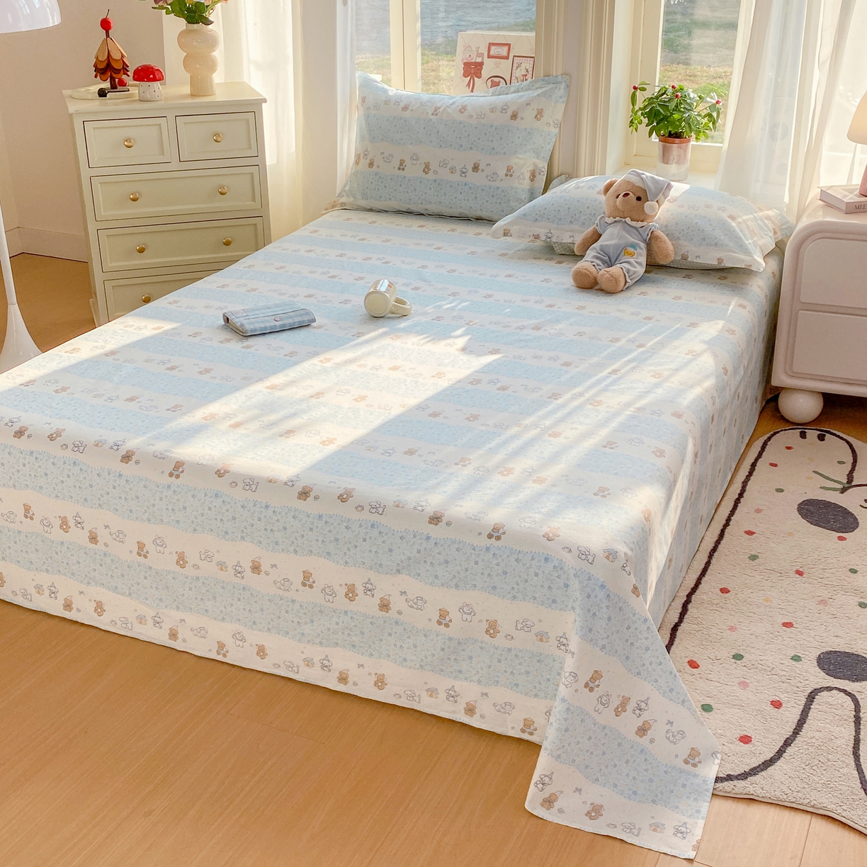 91家纺网 家纺一手货源 找家纺 花梦欣 2026新款全棉印花单品系列3简约卡通款-单床单 三小只