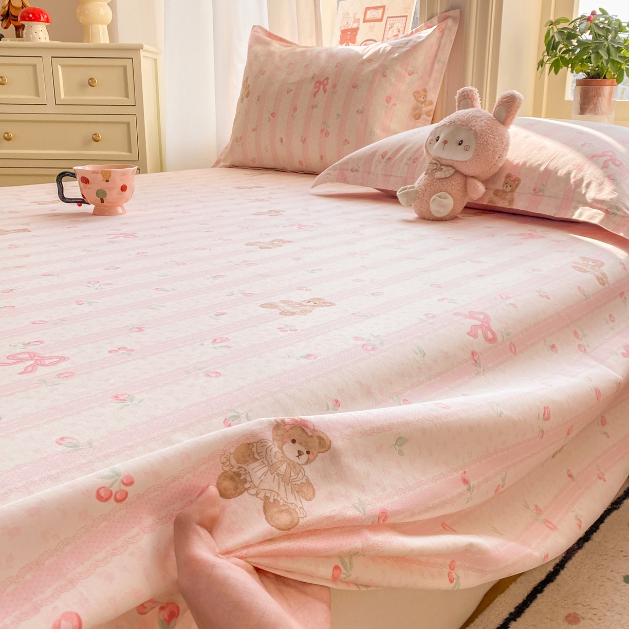 花梦欣 2026新款全棉印花单品系列3简约卡通款-单床单 温柔花朵熊