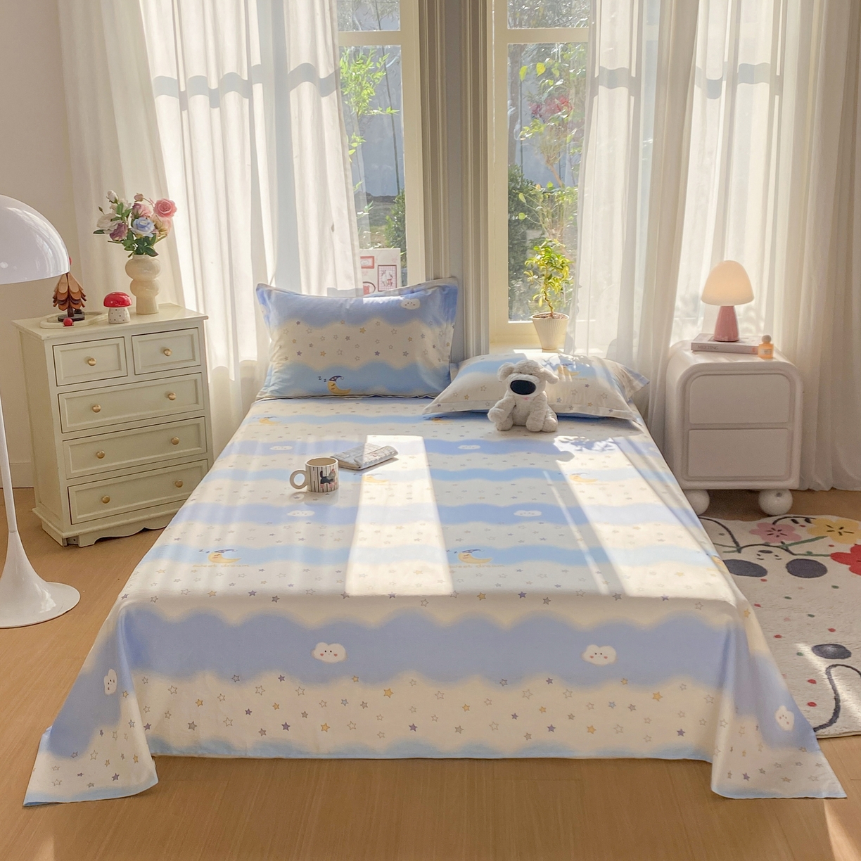 91家纺网 家纺一手货源 找家纺 花梦欣 2026新款全棉印花单品系列3简约卡通款-单床单 星辰入梦