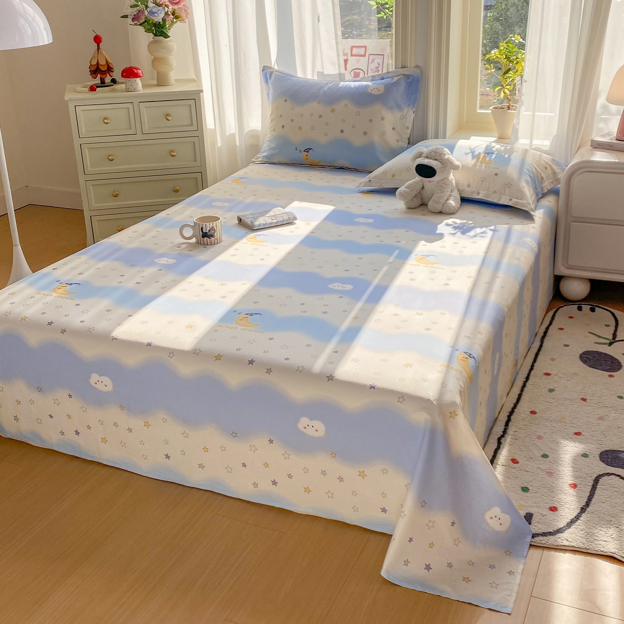 91家纺网 家纺一手货源 找家纺 花梦欣 2026新款全棉印花单品系列3简约卡通款-单床单 星辰入梦