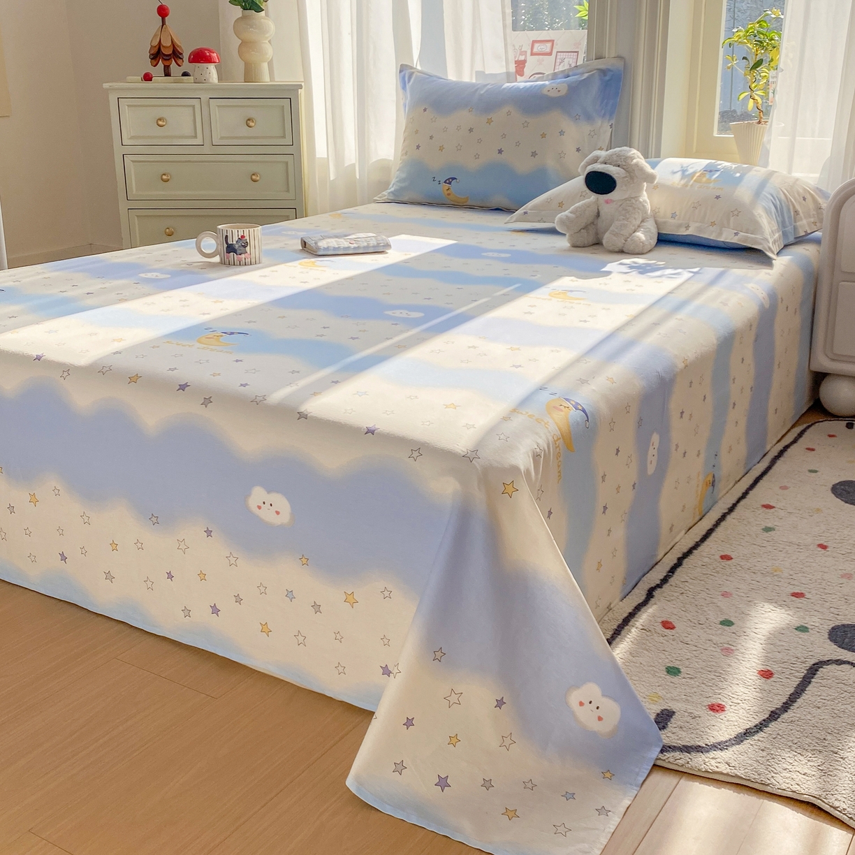 91家纺网 家纺一手货源 找家纺 花梦欣 2026新款全棉印花单品系列3简约卡通款-单床单 星辰入梦