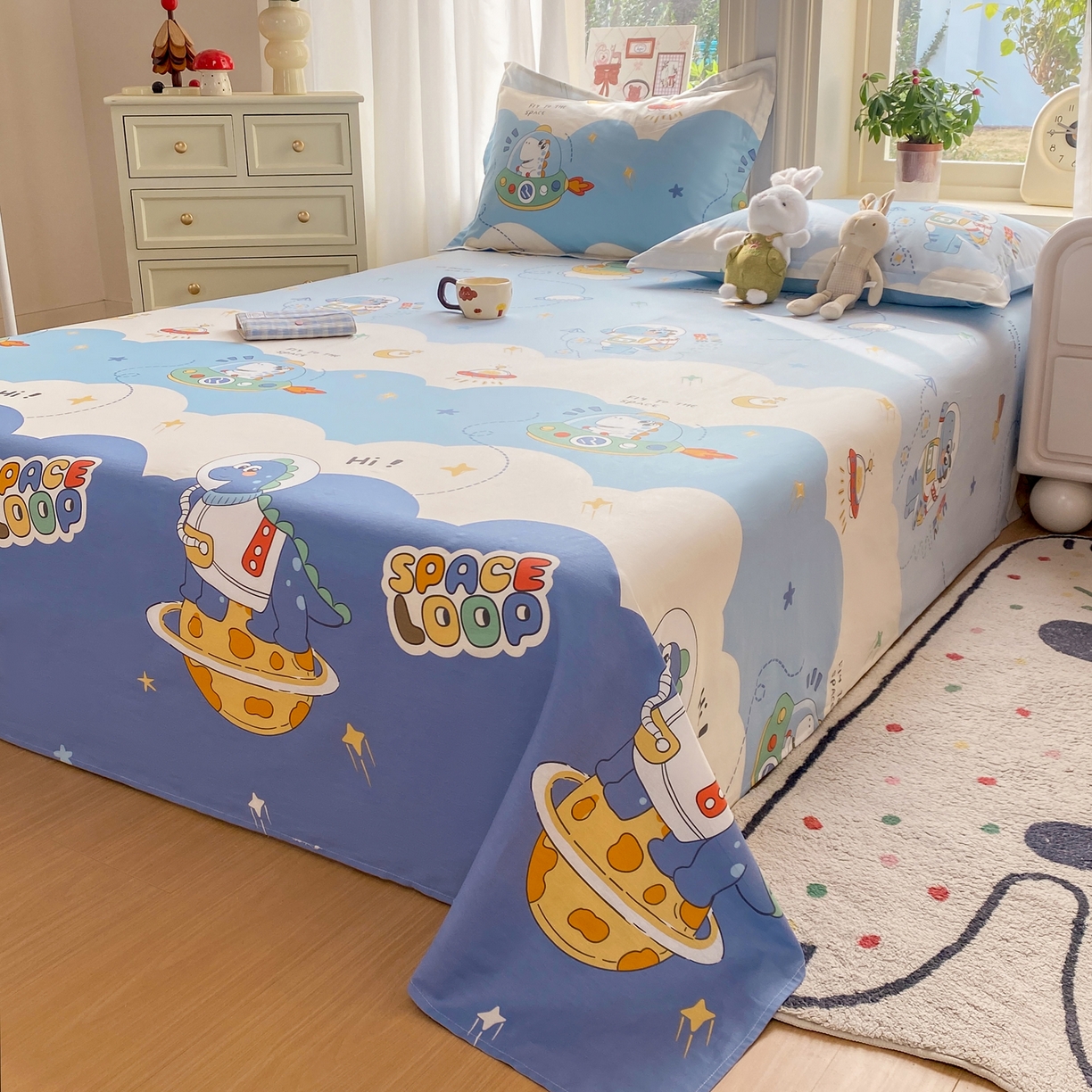 91家纺网 家纺一手货源 找家纺 花梦欣 2026新款全棉印花单品系列3简约卡通款-单床单 星际漫游记