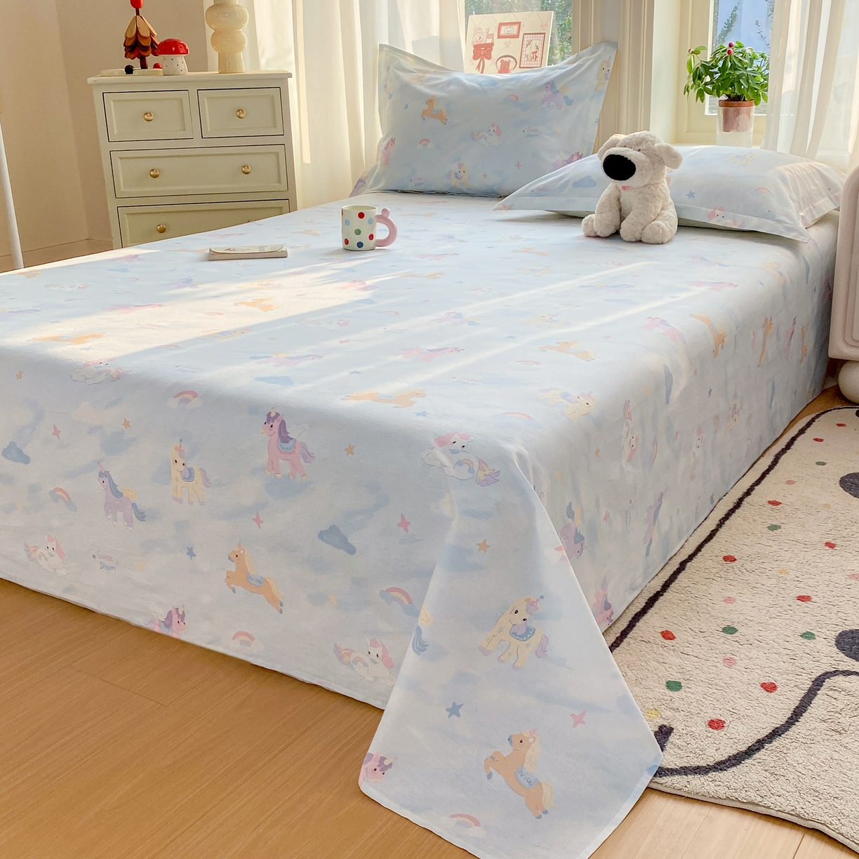 91家纺网 家纺一手货源 找家纺 花梦欣 2026新款全棉印花单品系列3简约卡通款-单床单 星芒小马