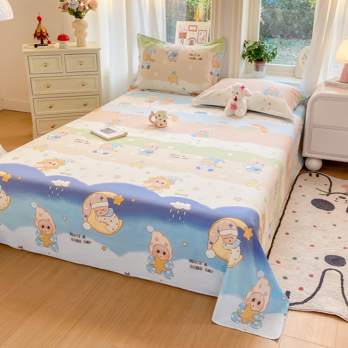 91家纺网 家纺一手货源 找家纺 花梦欣 2026新款全棉印花单品系列3简约卡通款-单床单 星梦童话