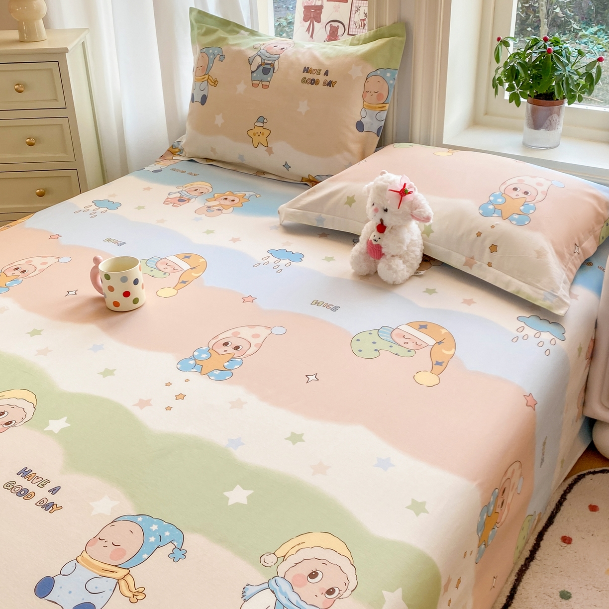 91家纺网 家纺一手货源 找家纺 花梦欣 2026新款全棉印花单品系列3简约卡通款-单床单 星梦童话