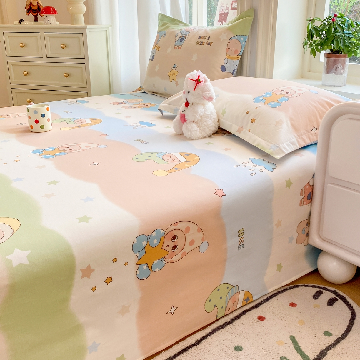 91家纺网 家纺一手货源 找家纺 花梦欣 2026新款全棉印花单品系列3简约卡通款-单床单 星梦童话