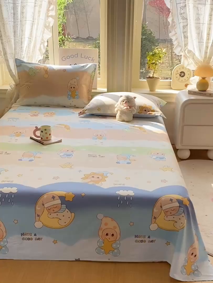 91家纺网 家纺一手货源 找家纺 花梦欣 2026新款全棉印花单品系列3简约卡通款-单床单 星梦童话