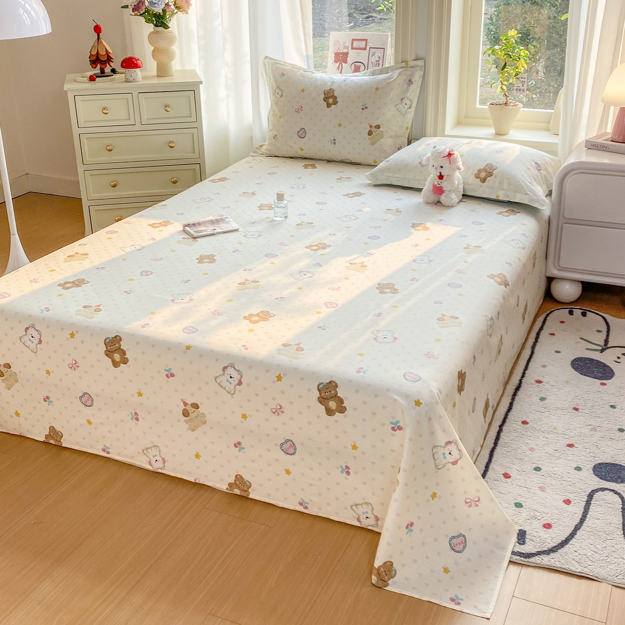 91家纺网 家纺一手货源 找家纺 花梦欣 2026新款全棉印花单品系列3简约卡通款-单床单 芋泥小狗